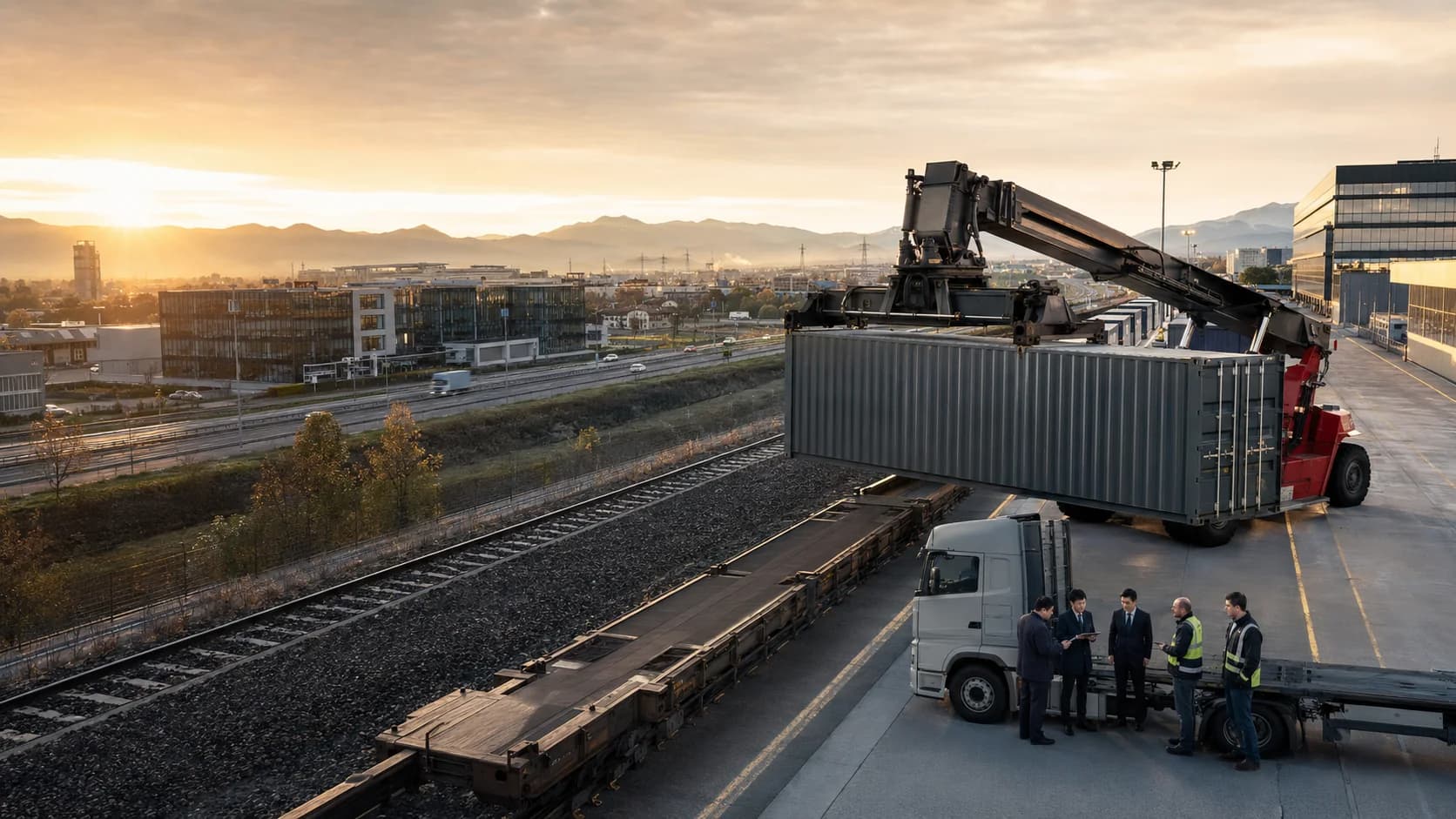 Container lifted onto a rail wagon at an intermodal terminal